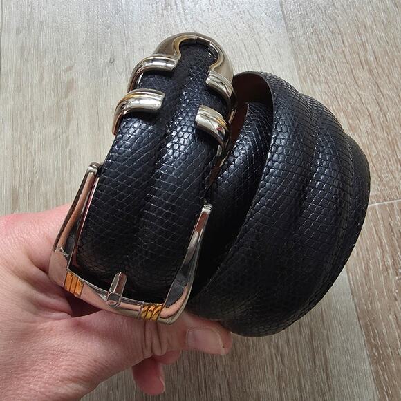 Vintage Mezlan Black Lizard Leather Belt sz 34 Medium Retro Minimalist Classic - Picture 6 of 8